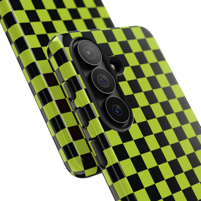 Trendy Neon Lime Green & Black Small Checked Pattern Phone Case - Green Phone Case