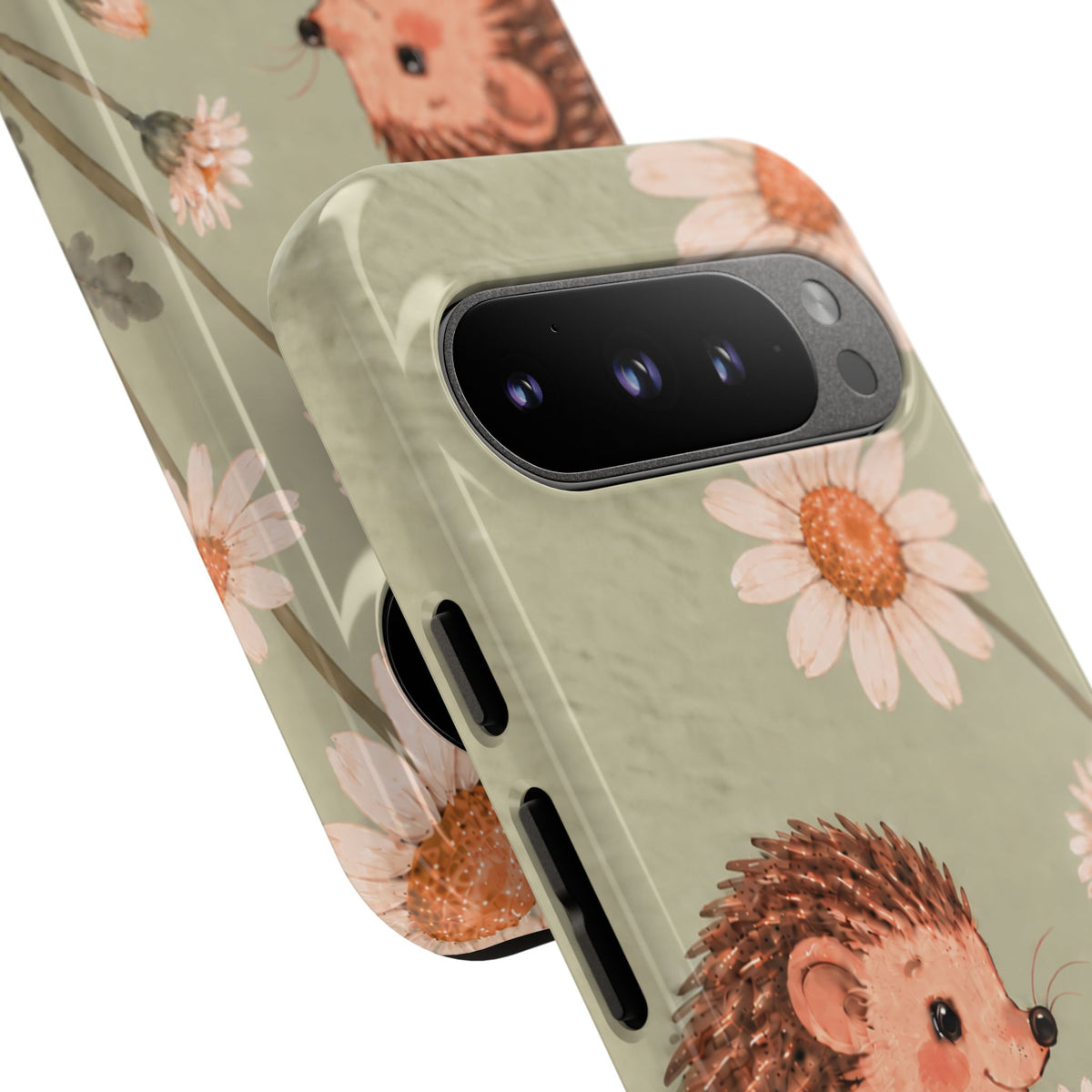 Whimsical Sage Green Hedgehog and Daisy Chain Phone Case - Green Phone Case