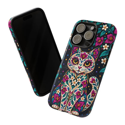 Vibrant Purple and Teal Calavera Cat Phone Case - Multicolor Phone Case