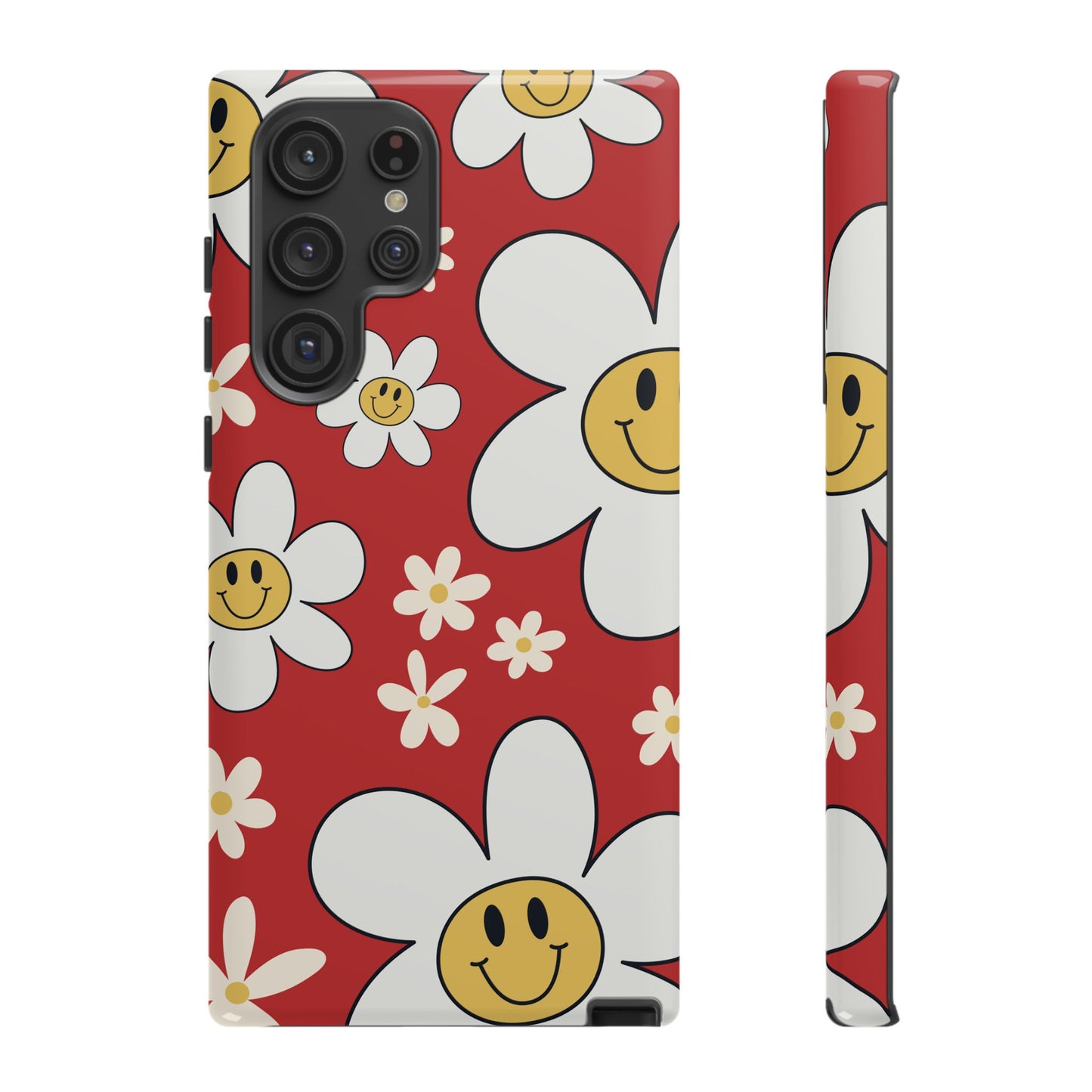 Samsung Galaxy S22 Ultra / Glossy Phone Case - Fun Retro Daisy Pattern with Red Background Phone Case