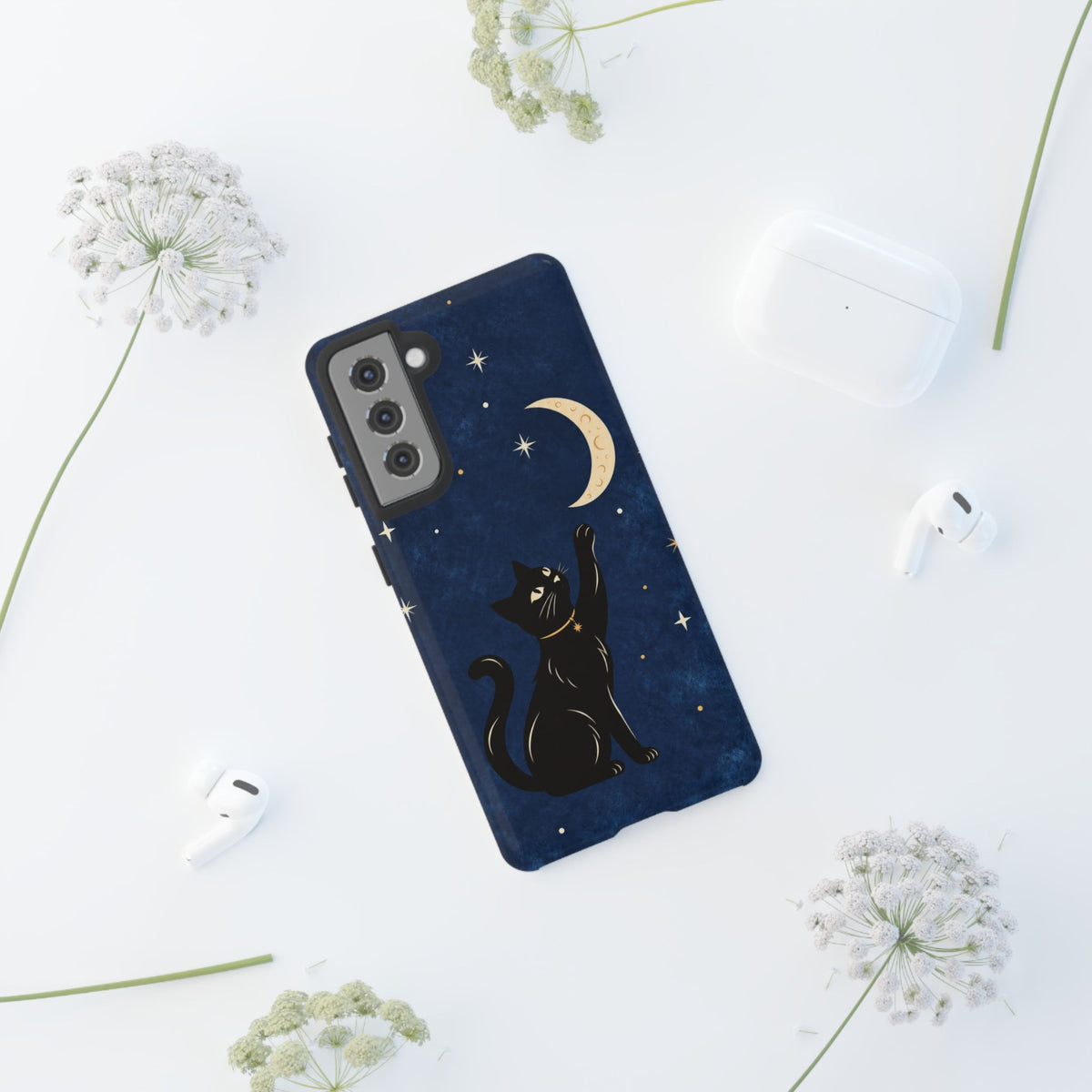 Whimsical Navy Blue Celestial Black Cat Phone Case