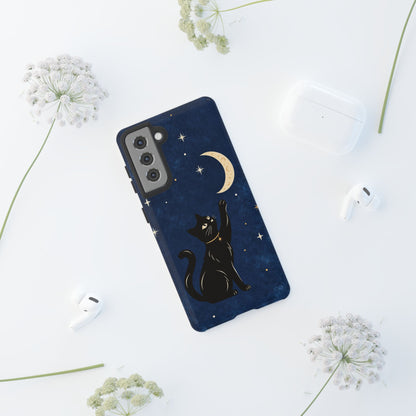 Whimsical Navy Blue Celestial Black Cat Phone Case