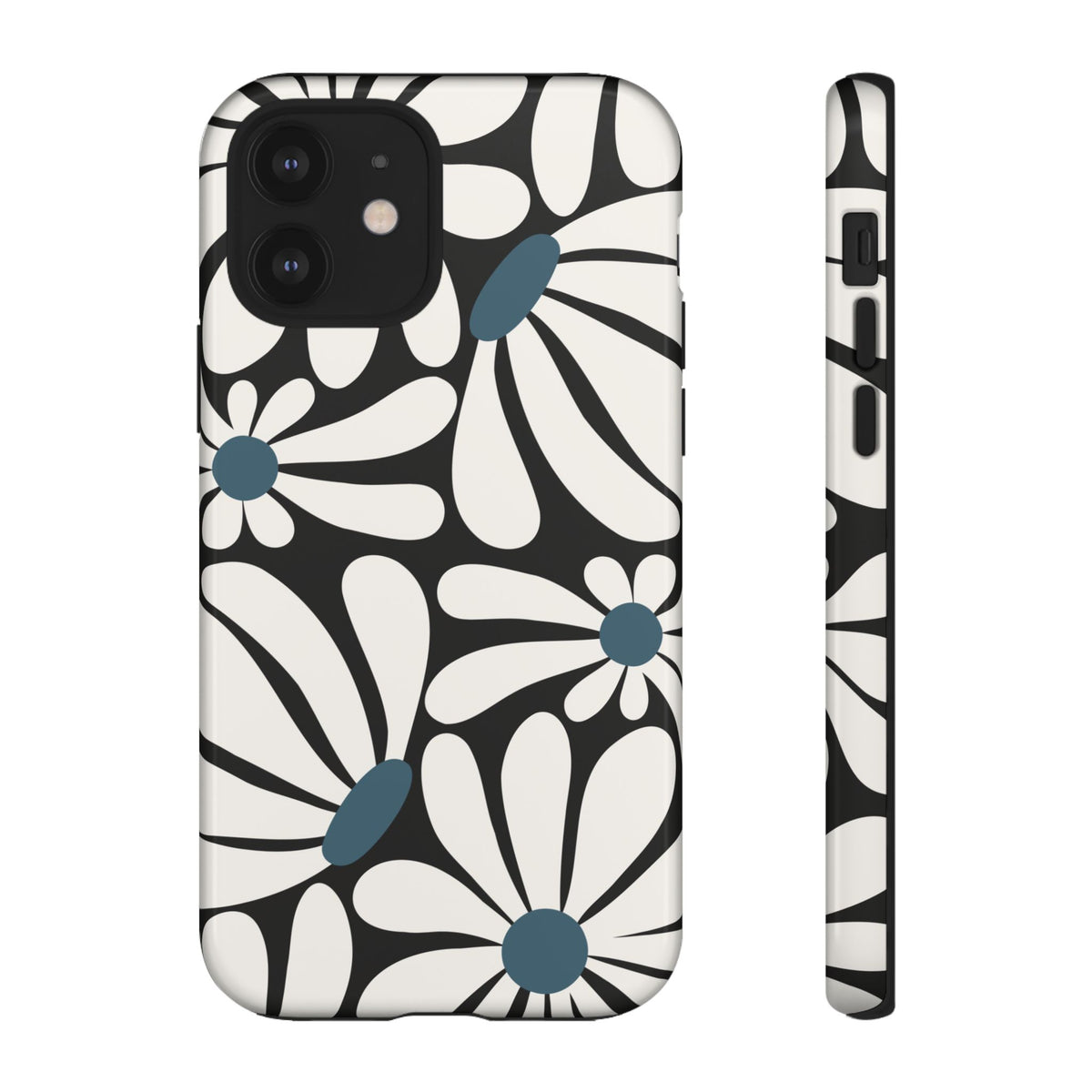 Retro Black Daisy Pattern Phone Case - Black Phone Case - iPhone 12 / Glossy