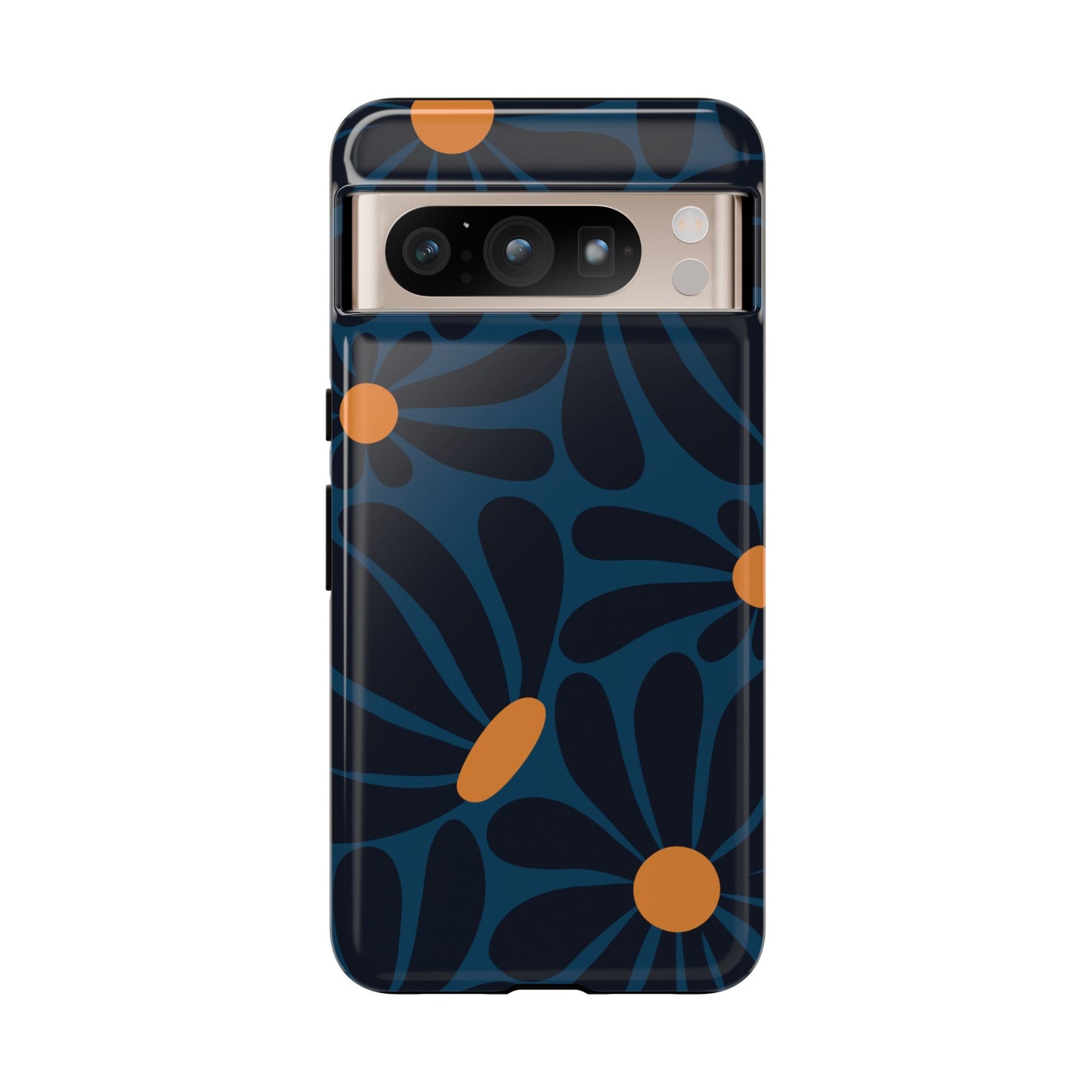 Google Pixel 8 Pro / Glossy Phone Case - ’Dark Blue & Orange Daisy Pattern’ Phone Case