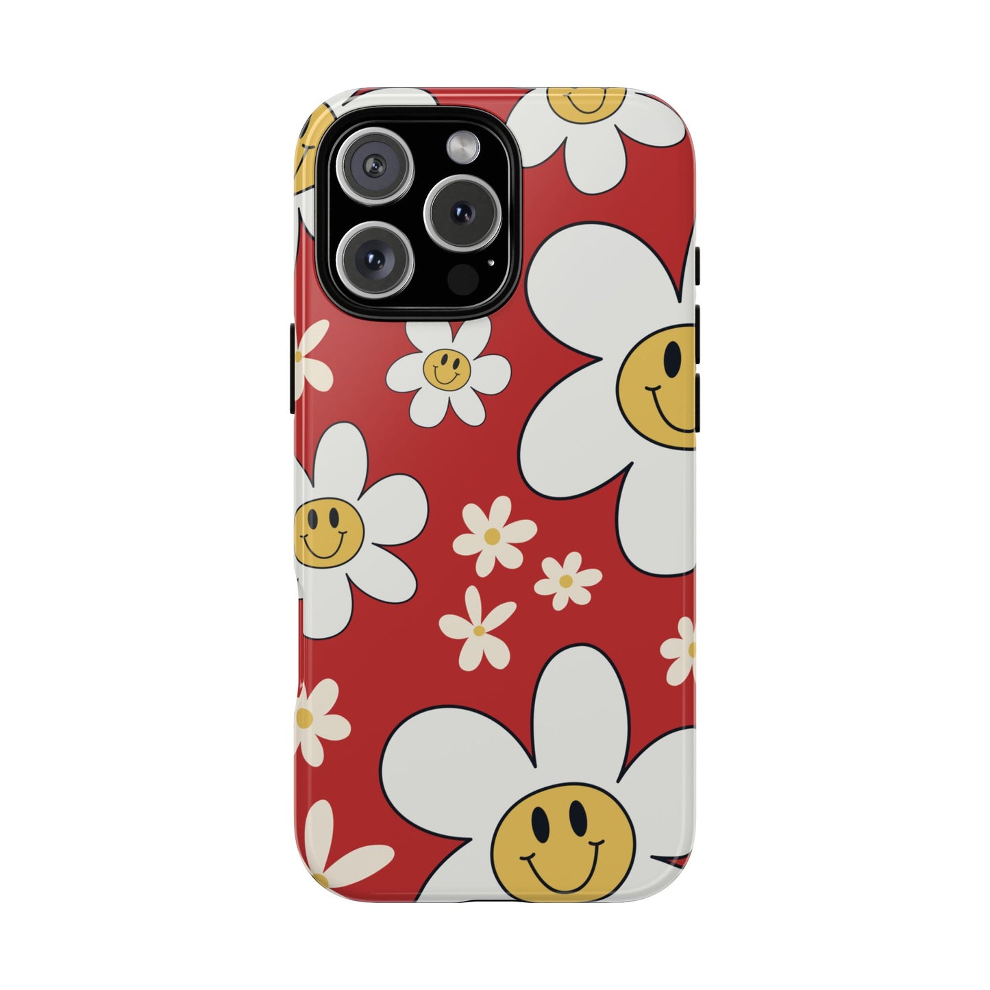 iPhone 16 Pro Max / Glossy Phone Case - Fun Retro Daisy Pattern with Red Background Phone Case