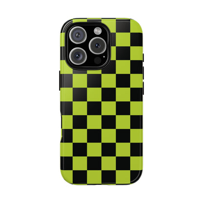 iPhone 16 Pro / Glossy Phone Case - Trendy Neon Lime Green & Black Checked Pattern Phone Case