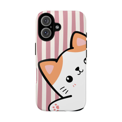 Playful Peakaboo Cat with Pink Stripe Pattern Phone Case - Pink Phone Case - iPhone 16 / Glossy