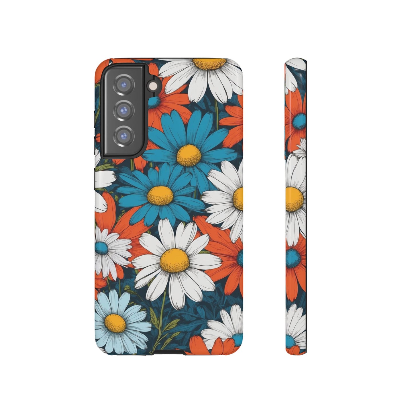 Samsung Galaxy S21 FE / Glossy Phone Case - Pop Art Daisies Illustration ’Red & Blue’ Phone Case