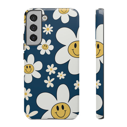 Fun Retro Daisy Pattern with Blue Background Phone Case - Blue Phone Case - Samsung Galaxy S22 Plus / Glossy