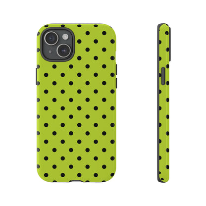 iPhone 15 Plus / Glossy Phone Case - Trendy Neon Lime Green & Black Dot Pattern Phone Case