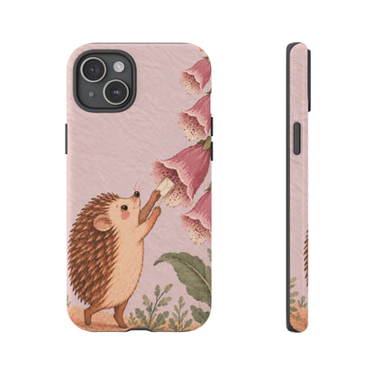 Whimsical Blush Pink Hedgehog and Foxglove Phone Case - Pink Phone Case - iPhone 15 Plus / Glossy