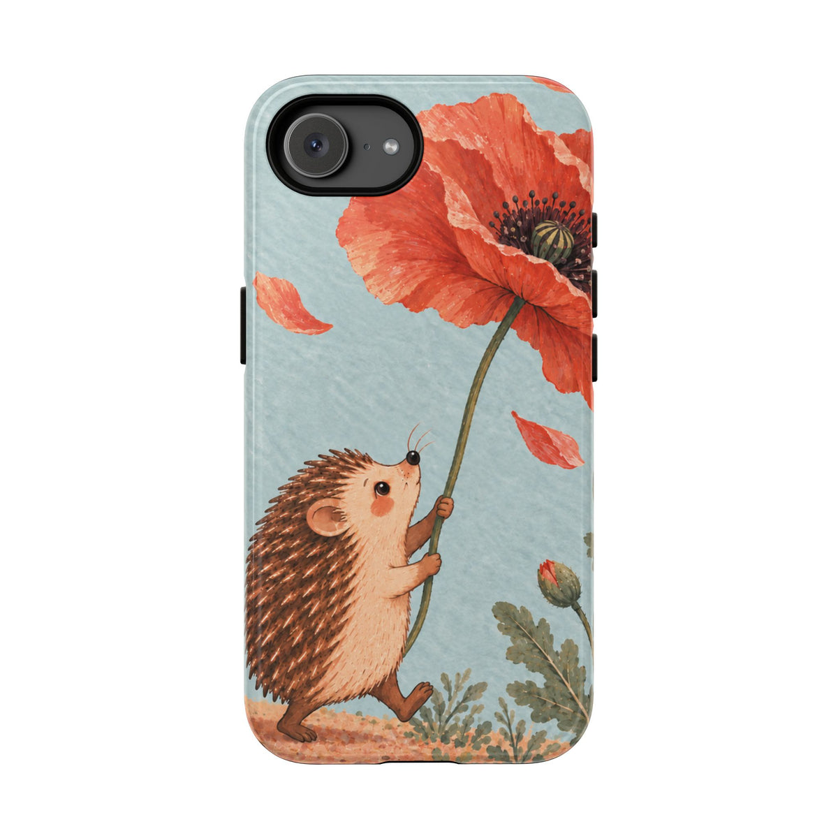 Whimsical Pale Blue Hedgehog and Poppy Phone Case - Blue Phone Case - iPhone 17e / Glossy