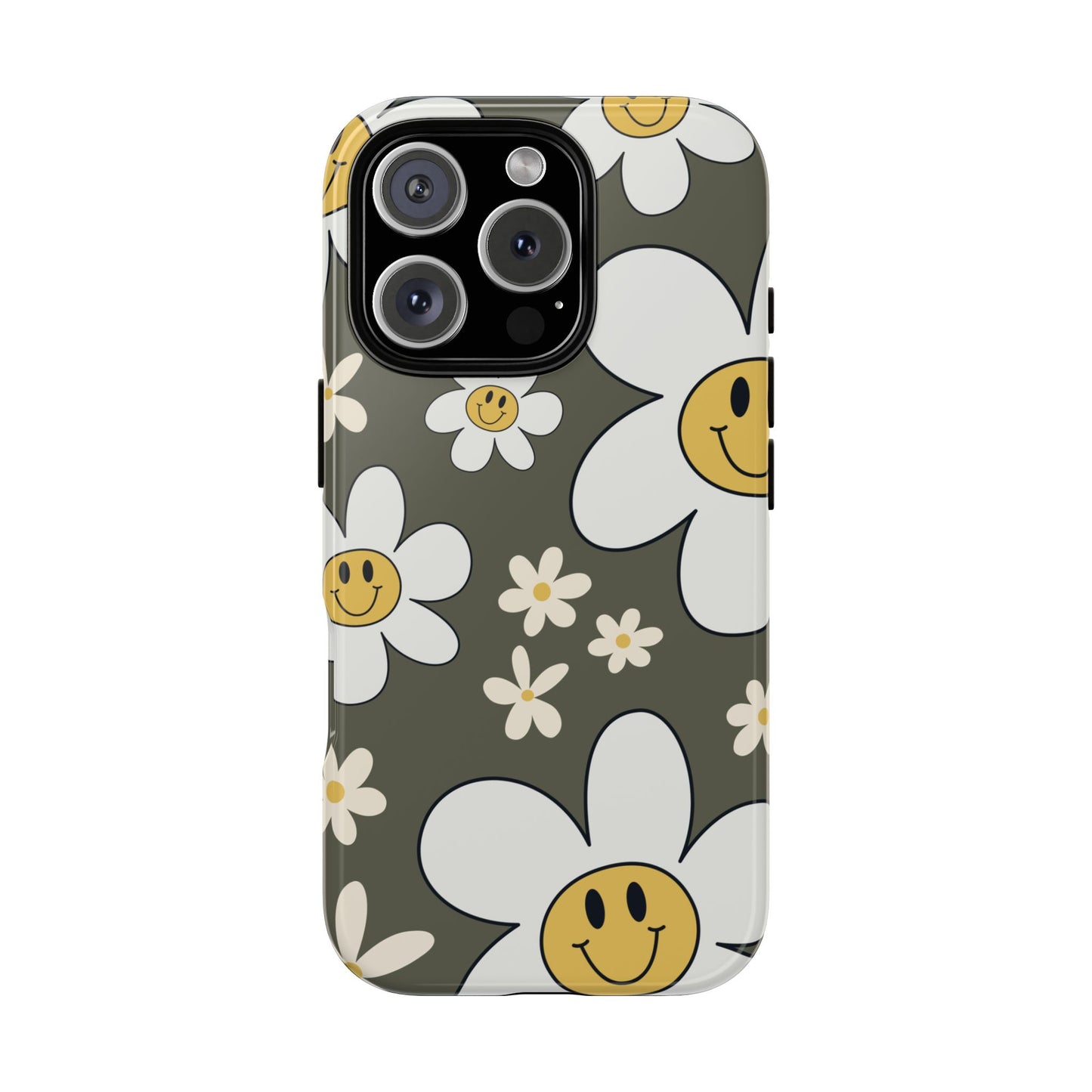 iPhone 16 Pro / Glossy Phone Case - Fun Retro Daisy Pattern with Olive Green Background Phone Case