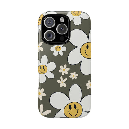 iPhone 16 Pro / Glossy Phone Case - Fun Retro Daisy Pattern with Olive Green Background Phone Case