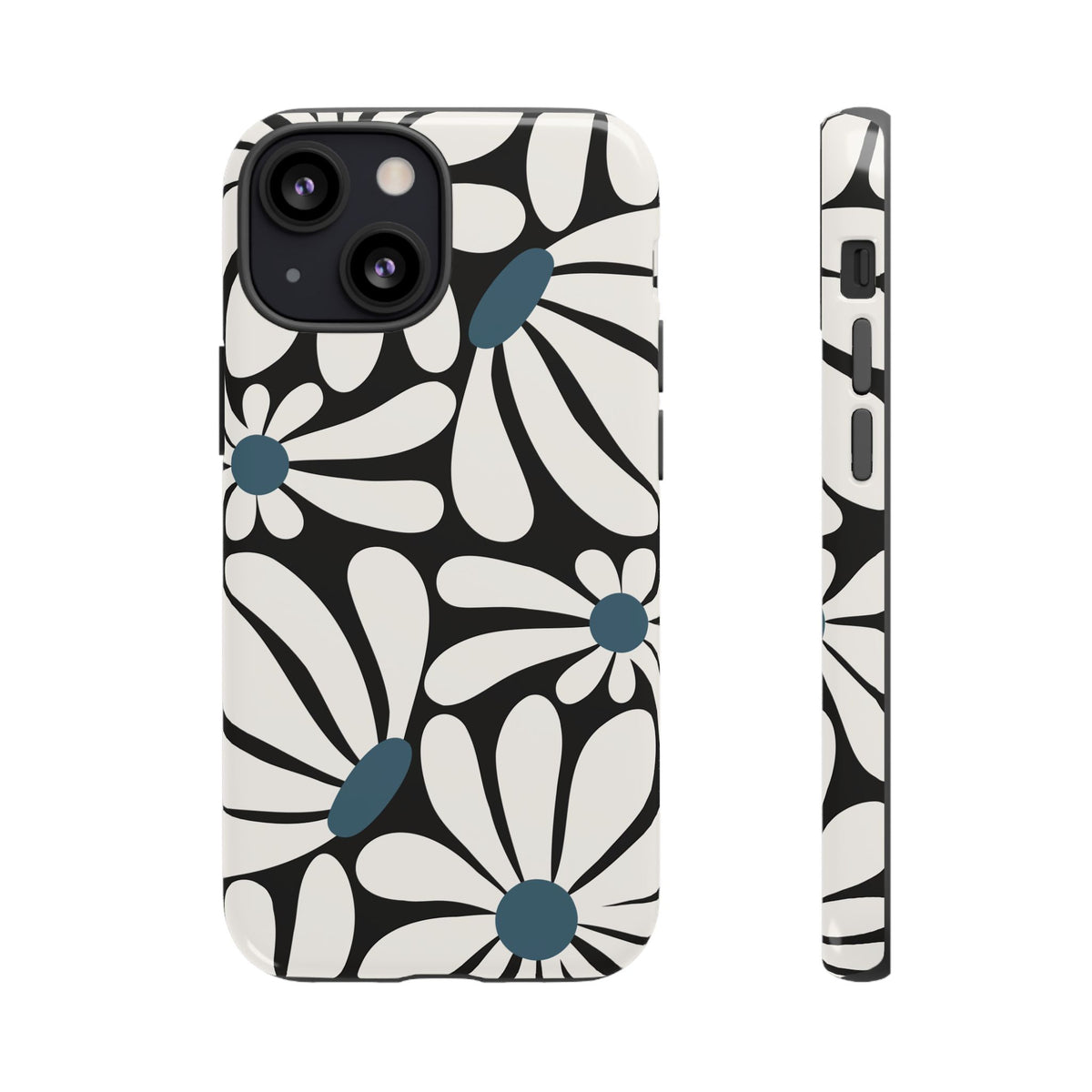 Retro Black Daisy Pattern Phone Case - Black Phone Case - iPhone 13 Mini / Glossy