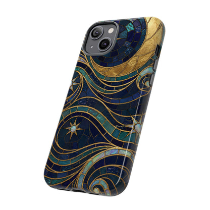 Elegant Navy & Gold Crescent Moon Mosaic Phone Case