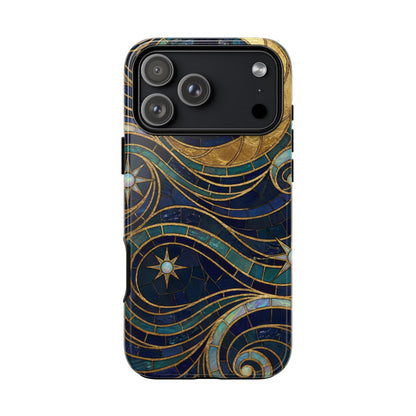 Elegant Navy & Gold Crescent Moon Mosaic Phone Case