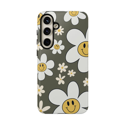 Fun Retro Daisy Pattern with Olive Green Background Phone Case - Green Phone Case - Samsung Galaxy S24 Plus / Glossy