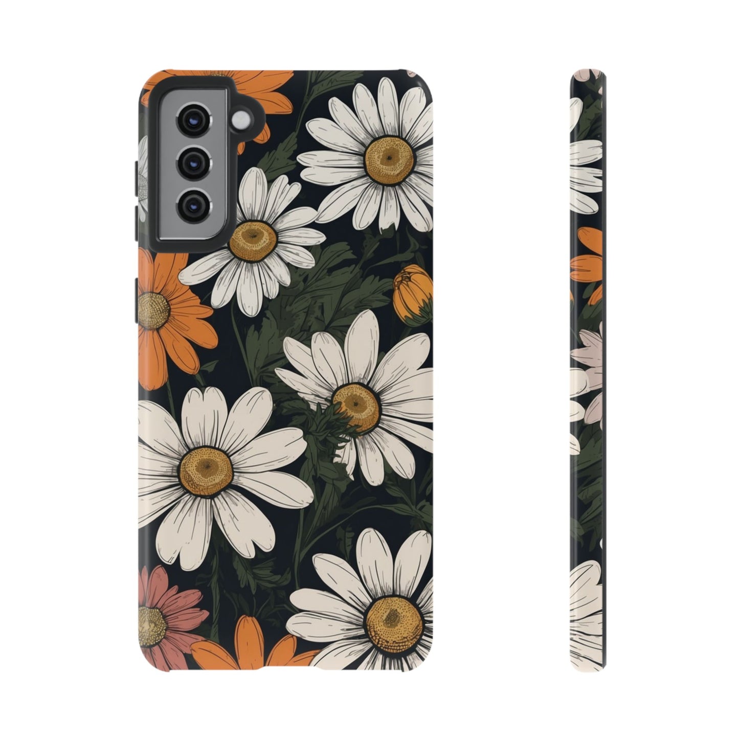 Samsung Galaxy S21 Plus / Glossy Phone Case - Boho Chic Daisies Floral Pattern ’White Orange & Pink’ Phone Case