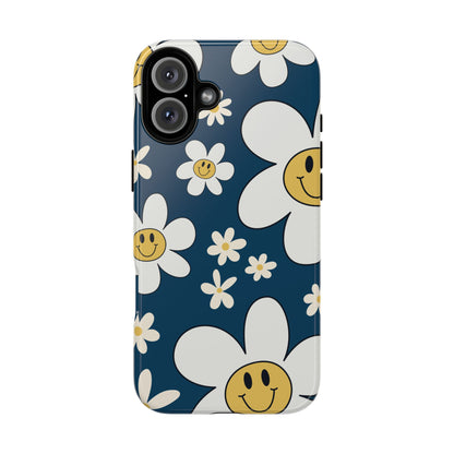 Fun Retro Daisy Pattern with Blue Background Phone Case - Blue Phone Case - iPhone 16 Plus / Glossy