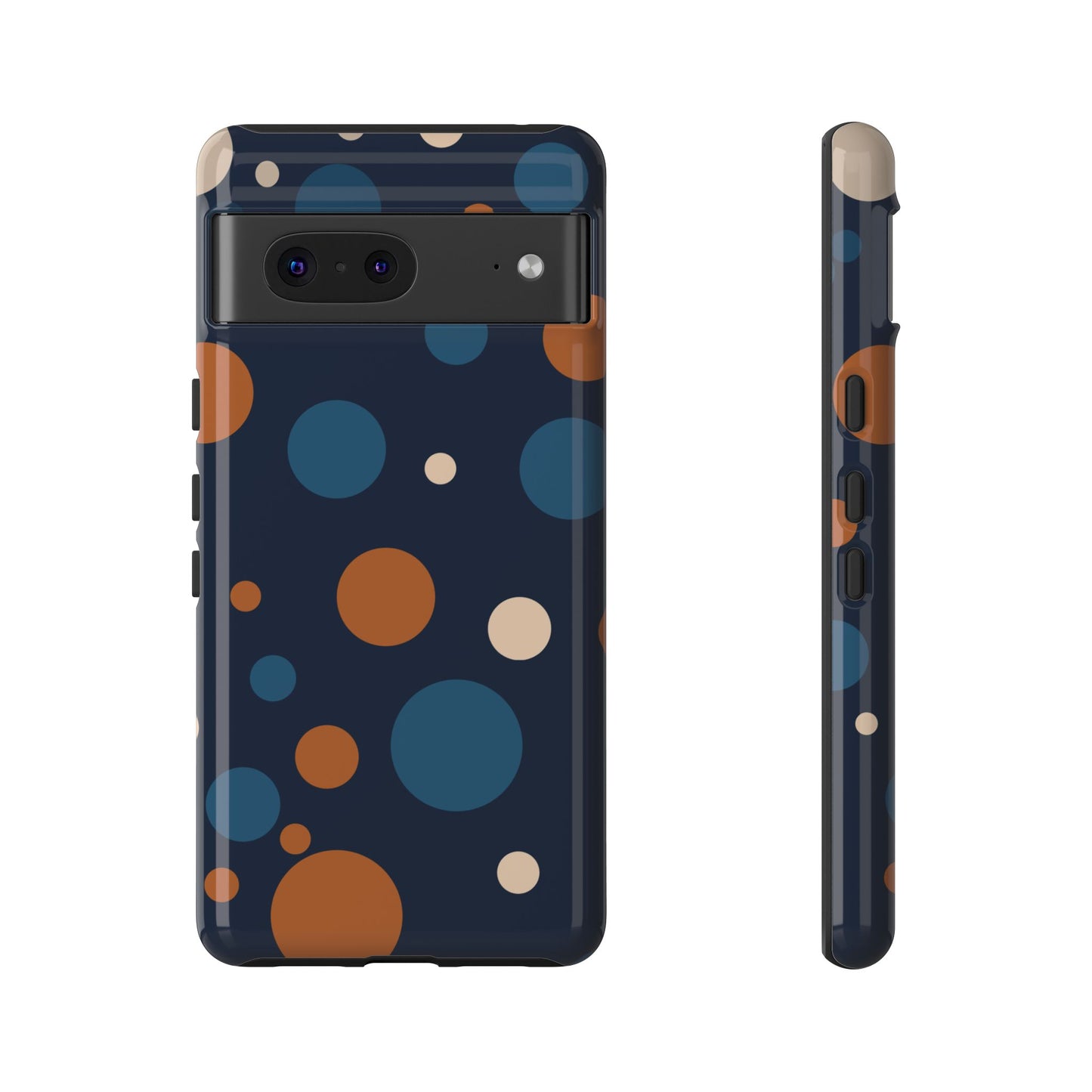 Google Pixel 7 / Glossy Phone Case - ’Bold Navy Blue & Orange / White Dot Pattern’ Phone Case