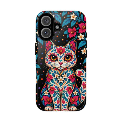 Vibrant Pink and Turquoise Calavera Cat Phone Case - Multicolor Phone Case - iPhone 16 / Glossy