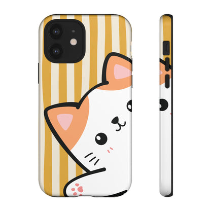 iPhone 12 / Glossy Phone Case - Peakaboo Cat with Yellow Stripe Pattern Phone Case