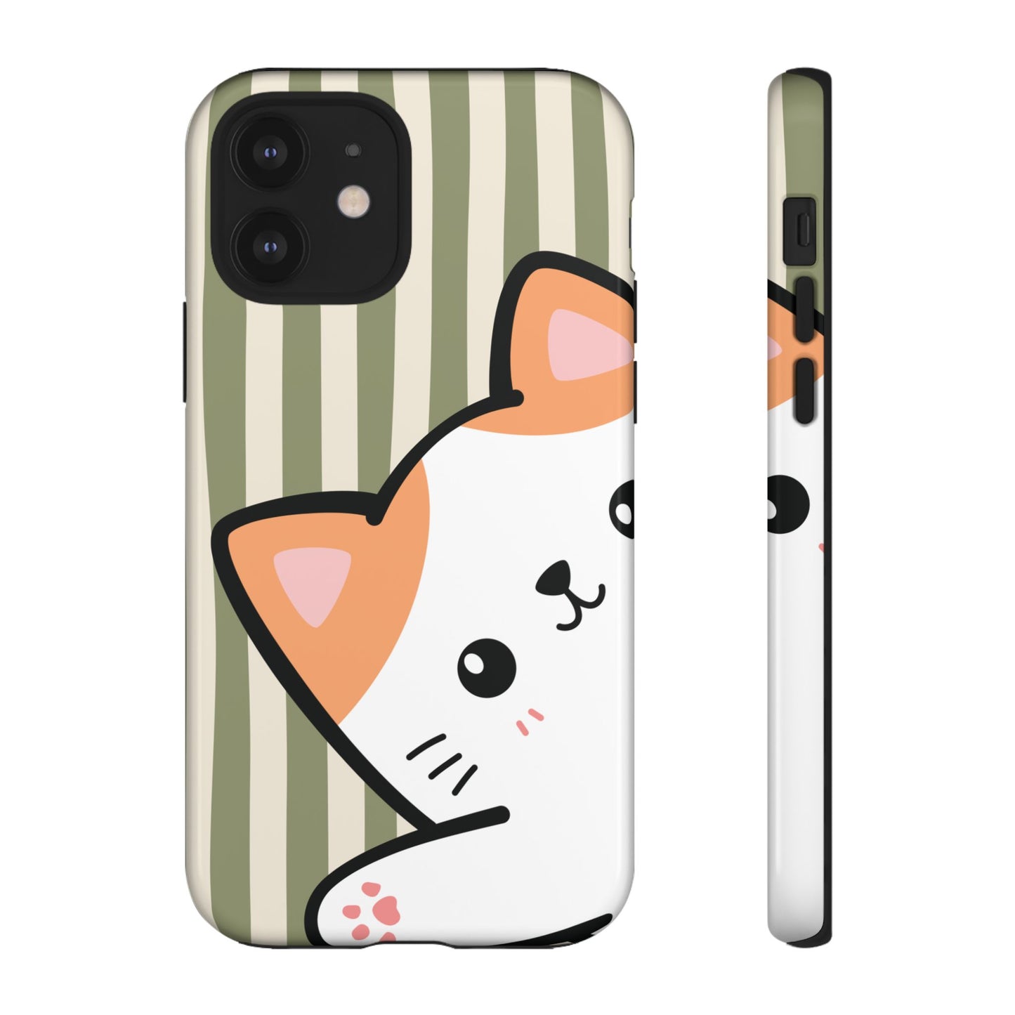 iPhone 12 / Glossy Phone Case - Peakaboo Cat with Green Stripe Pattern Phone Case