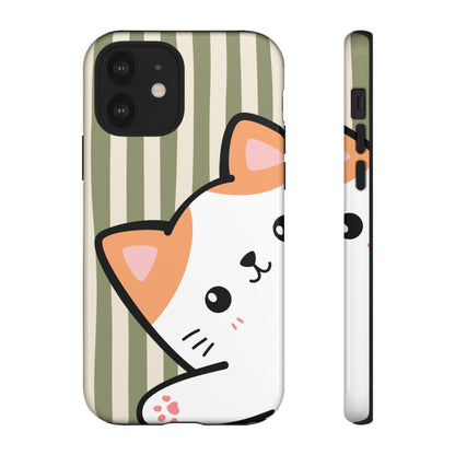 iPhone 12 / Glossy Phone Case - Peakaboo Cat with Green Stripe Pattern Phone Case