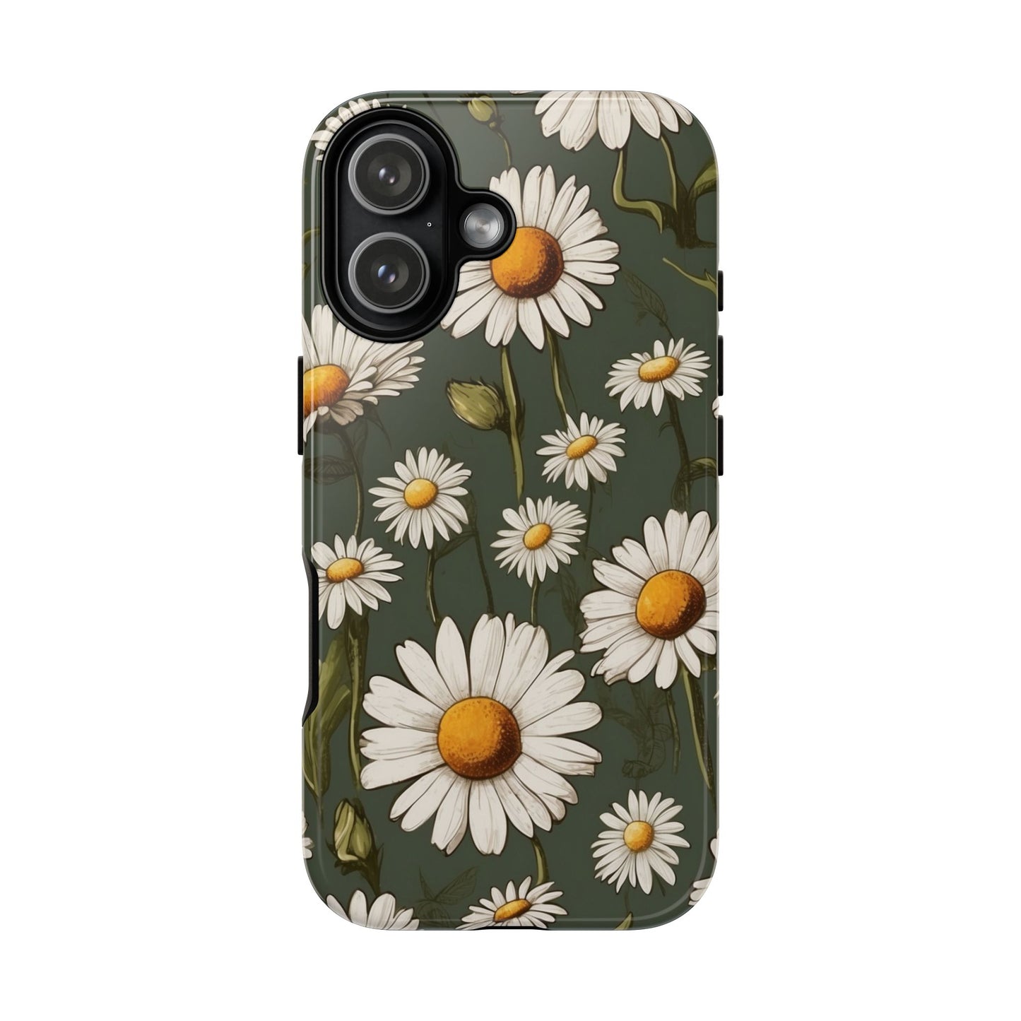 iPhone 17 / Glossy Phone Case - Boho Chic Daisies Floral Pattern ’White & Green’ Phone Case