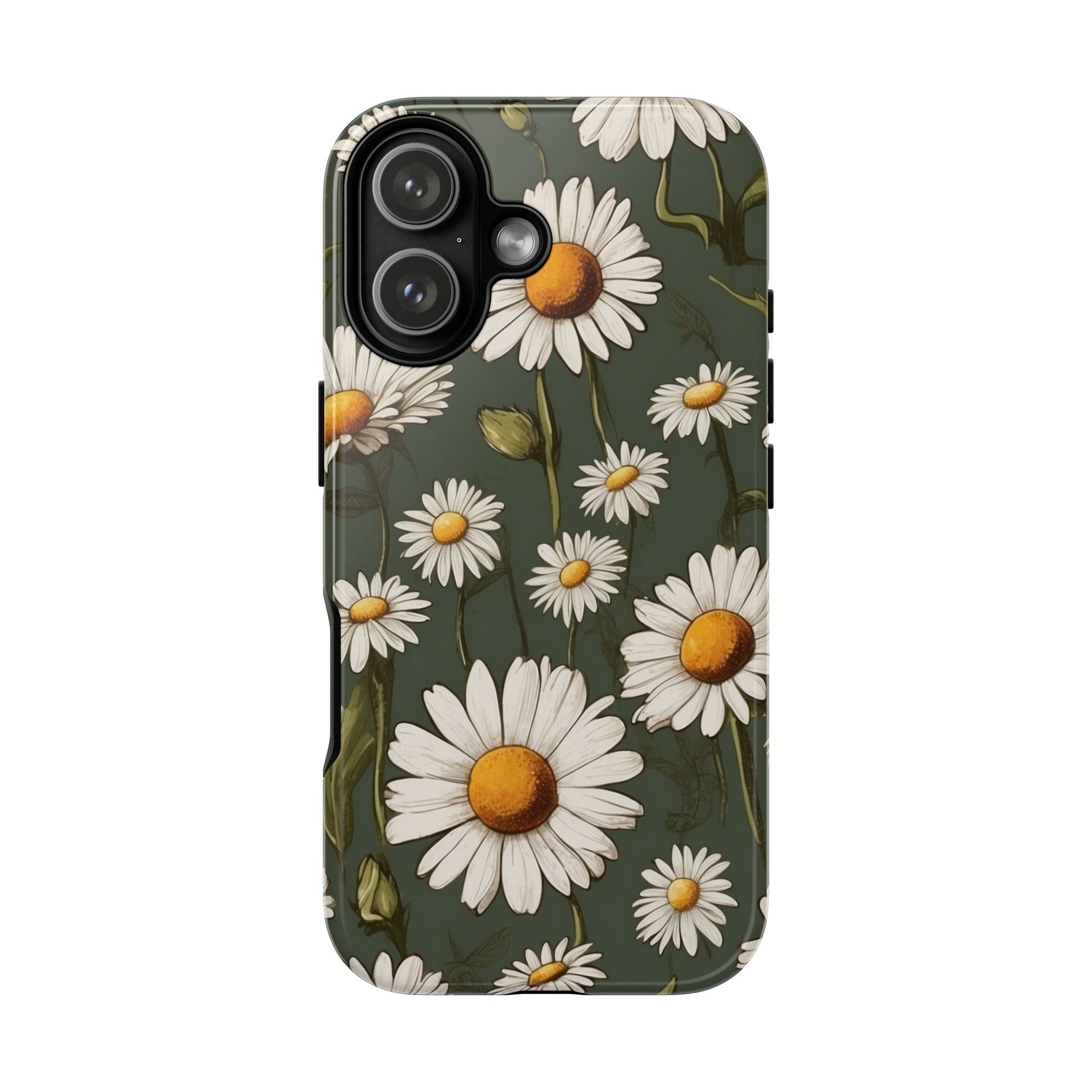 iPhone 17 / Glossy Phone Case - Boho Chic Daisies Floral Pattern ’White & Green’ Phone Case