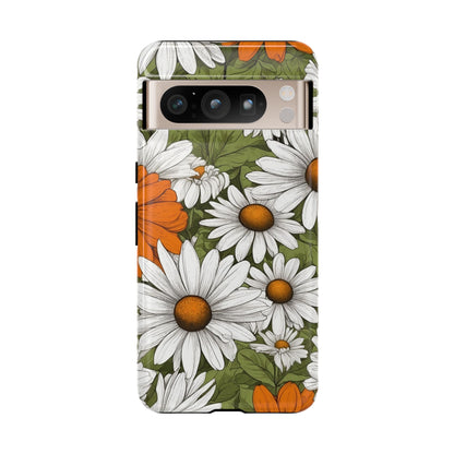Google Pixel 8 Pro / Glossy Phone Case - Boho Chic Daisies Floral Pattern ’White Orange & Green’ Phone Case