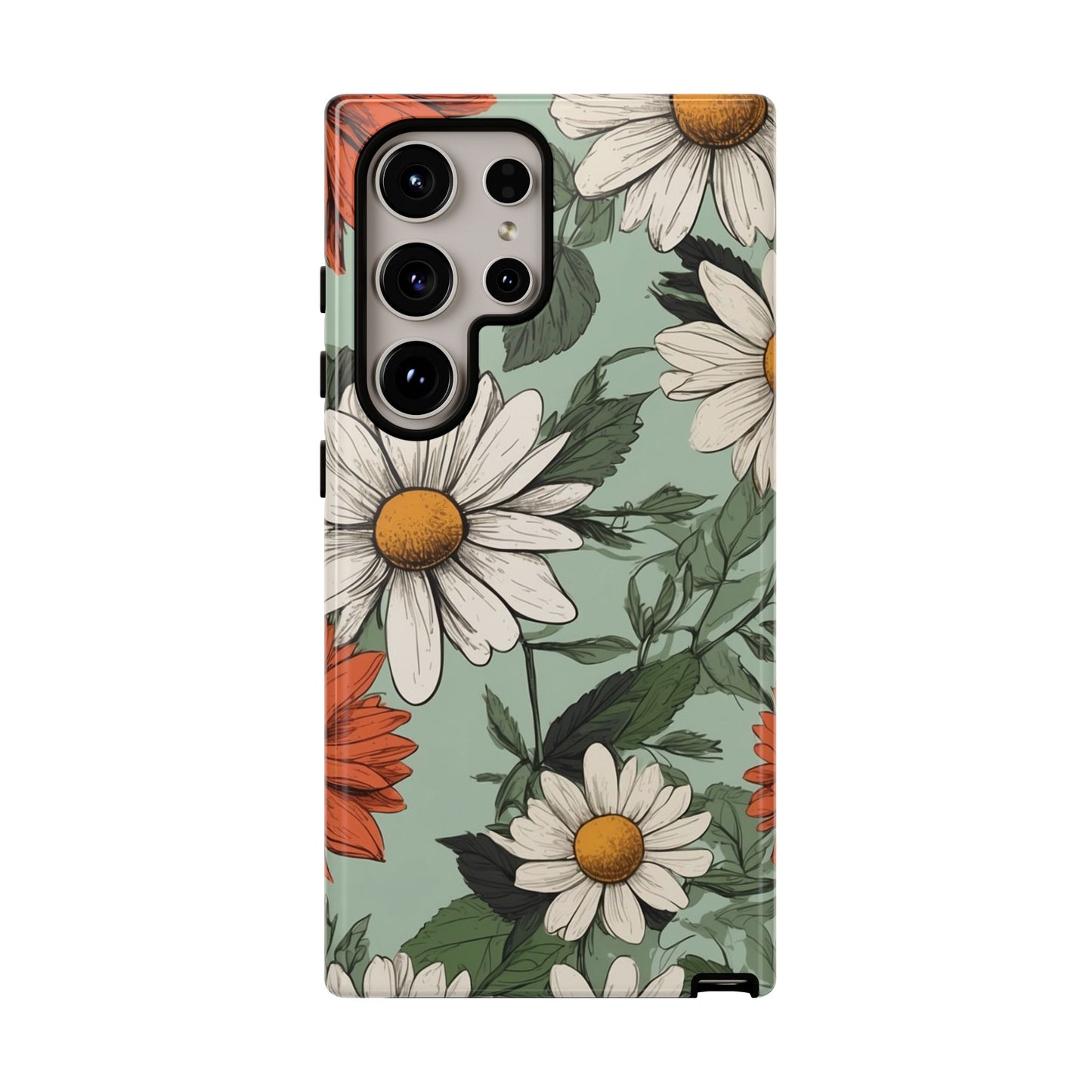 Samsung Galaxy S24 Ultra / Glossy Phone Case - Boho Chic Daisies Floral Pattern ’White & Orange’ Phone Case