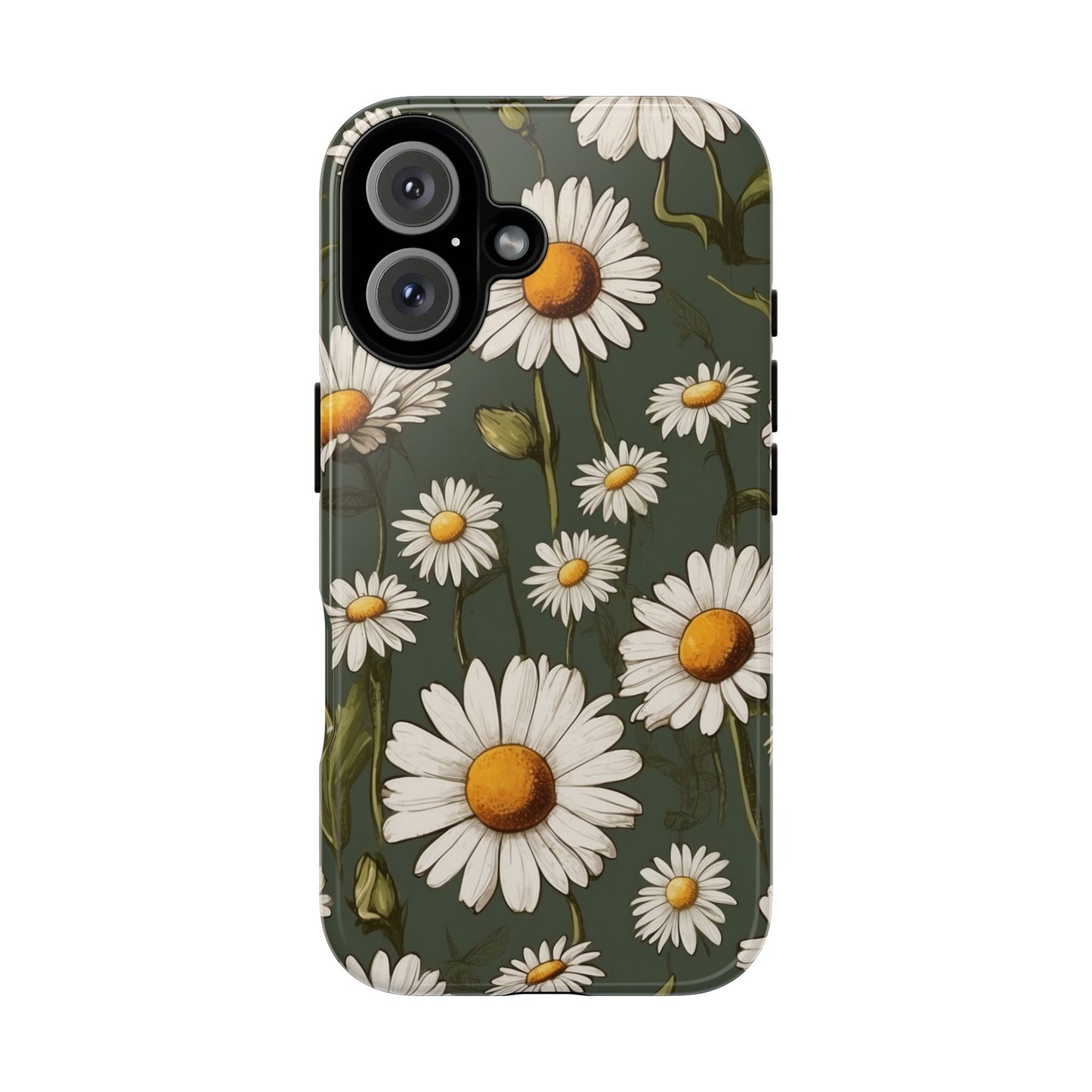 iPhone 16 / Glossy Phone Case - Boho Chic Daisies Floral Pattern ’White & Green’ Phone Case