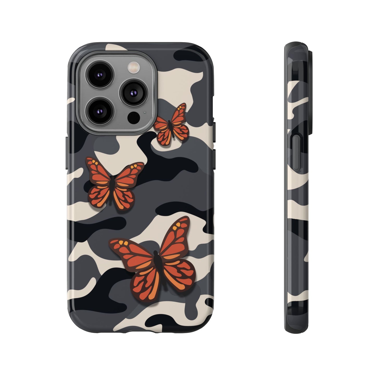 iPhone 14 Pro / Glossy Phone Case - Black & Orange Butterfly Camo Phone Case
