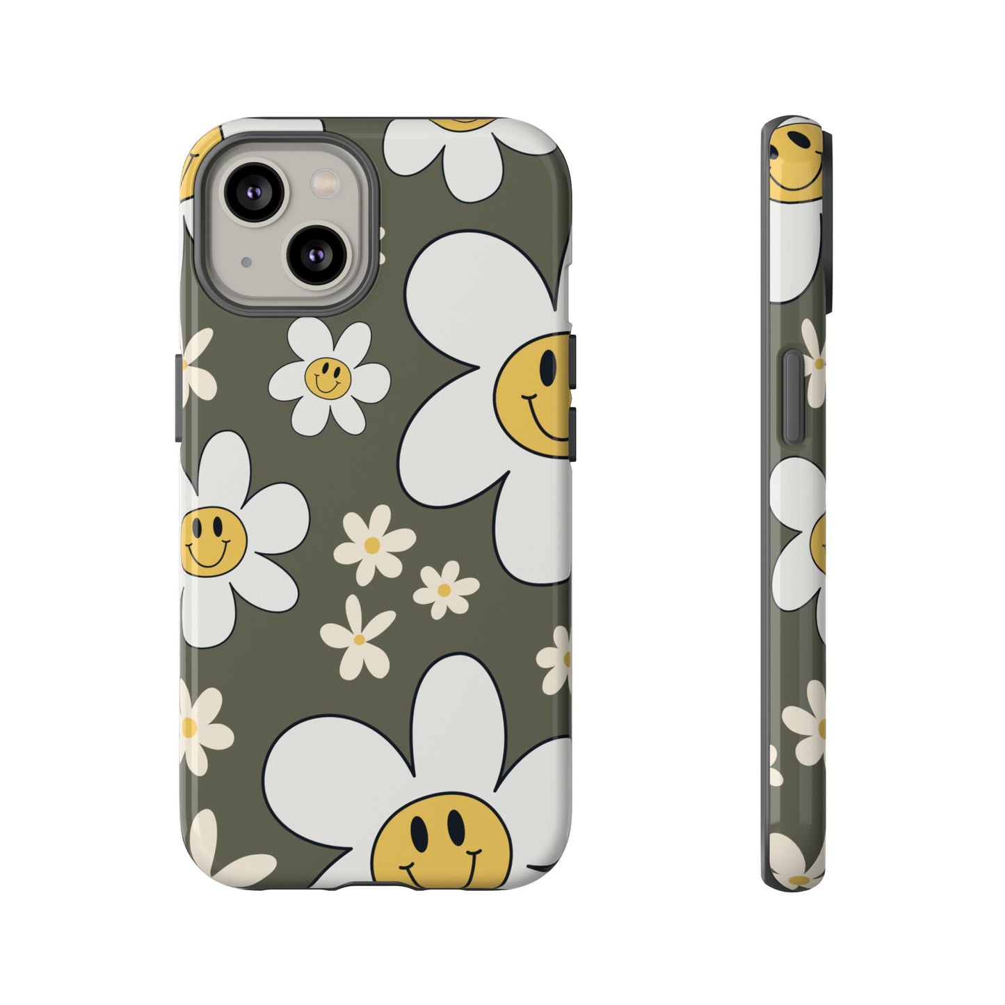iPhone 14 / Glossy Phone Case - Fun Retro Daisy Pattern with Olive Green Background Phone Case