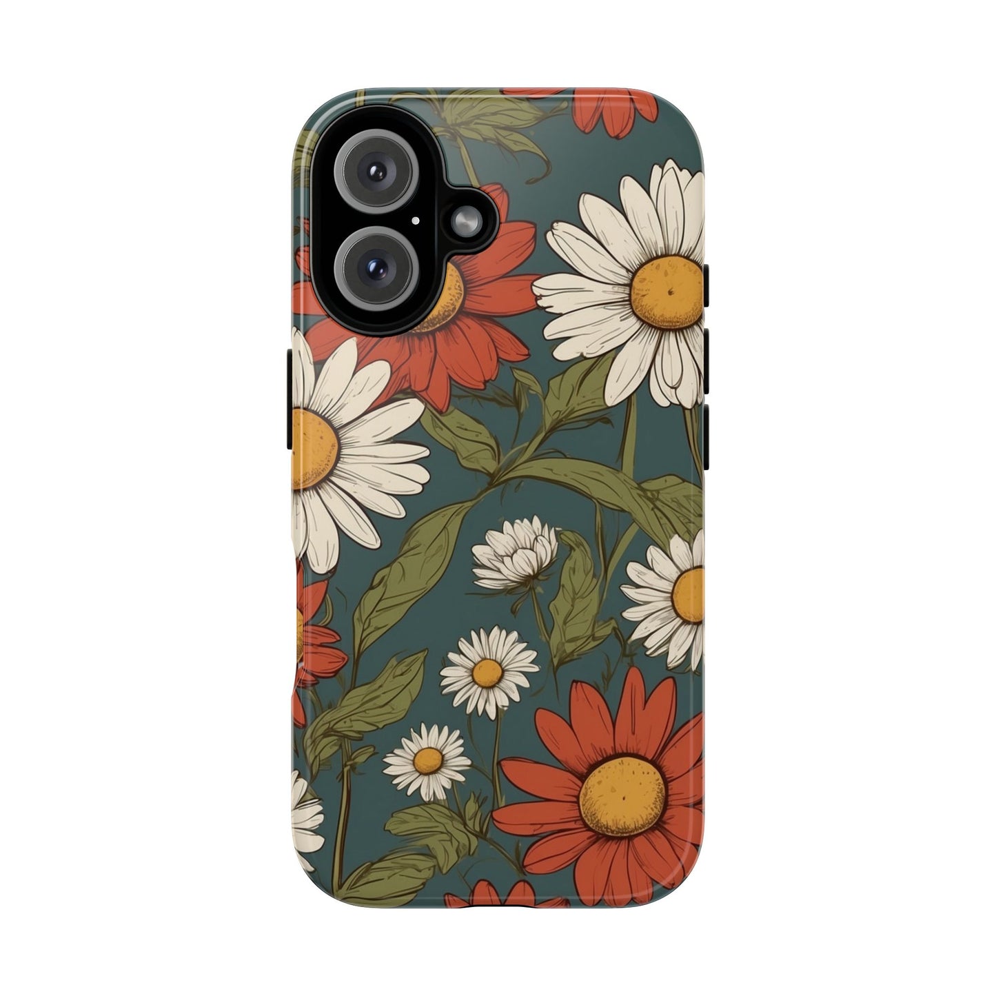 iPhone 16 / Glossy Phone Case - Boho Chic Daisies Floral Pattern ’White & Red’ Phone Case
