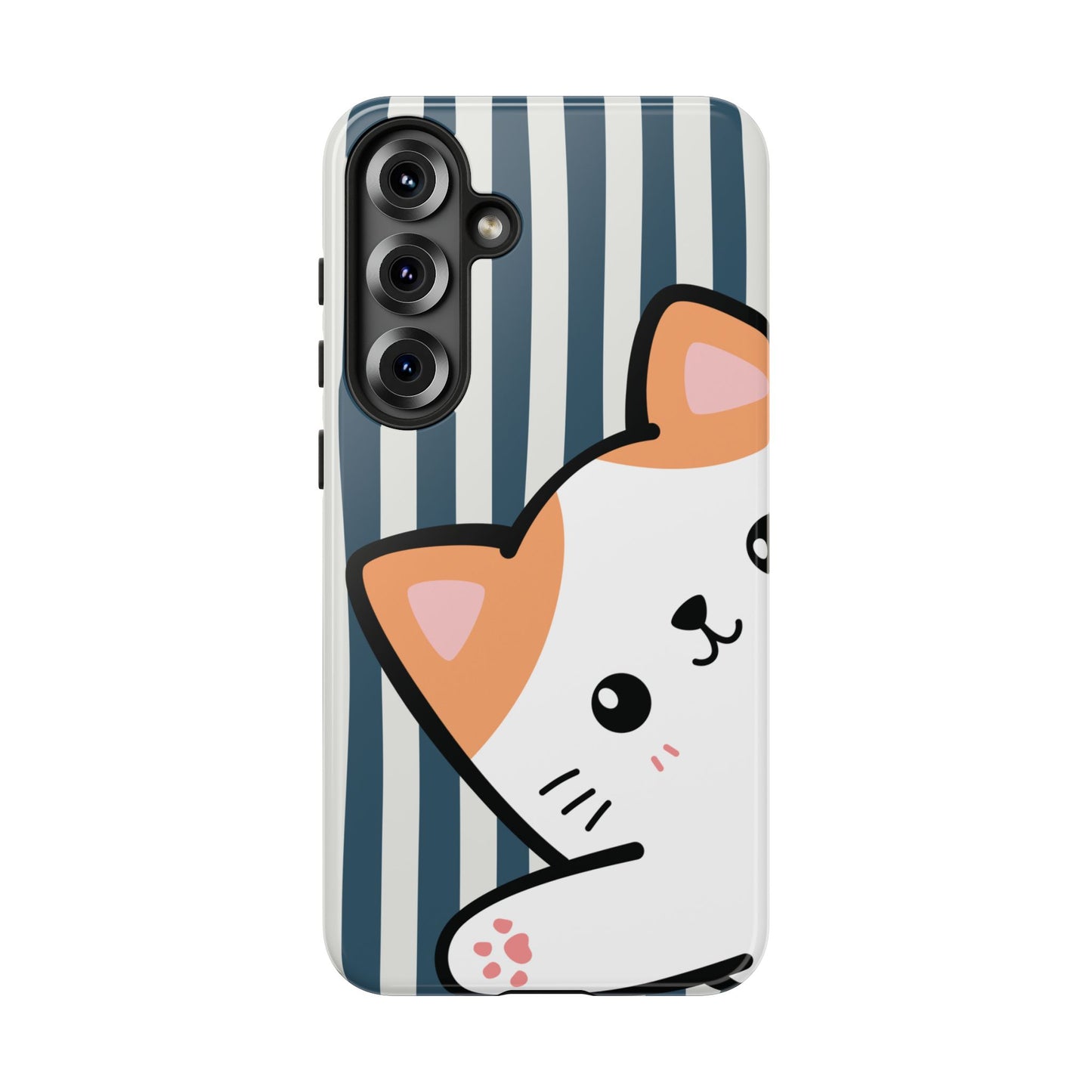 Playful Peakaboo Cat with Blue Stripe Pattern Phone Case - Blue Phone Case - Samsung Galaxy S25 Plus / Glossy