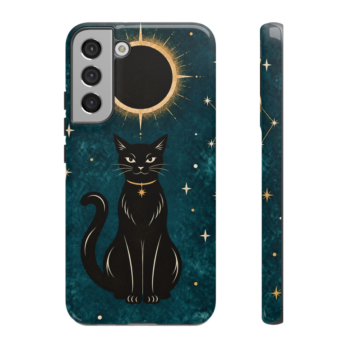 Whimsical Teal Celestial Black Cat Phone Case