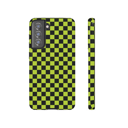 Trendy Neon Lime Green & Black Small Checked Pattern Phone Case - Green Phone Case - Samsung Galaxy S21 FE / Glossy