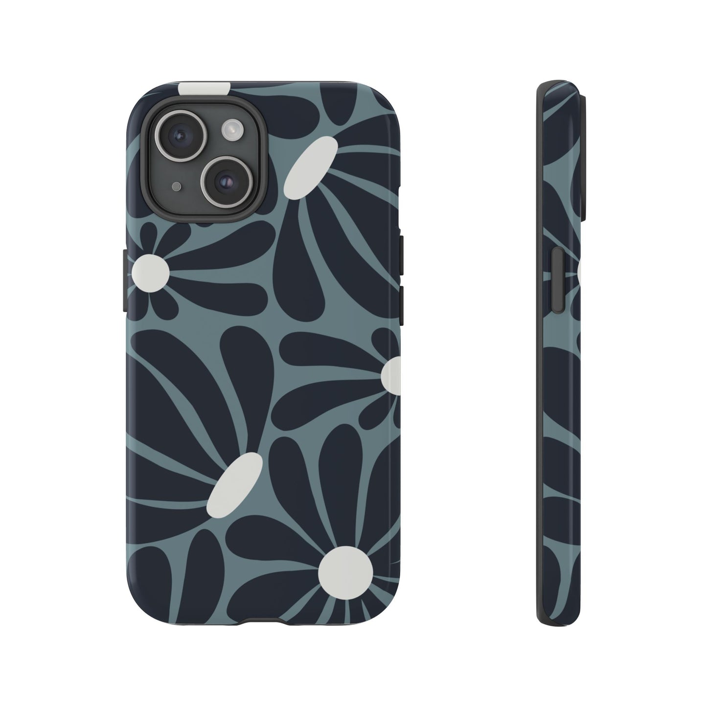 iPhone 15 / Glossy Phone Case - ’Retro Navy Blue & White Daisy Pattern’ Phone Case