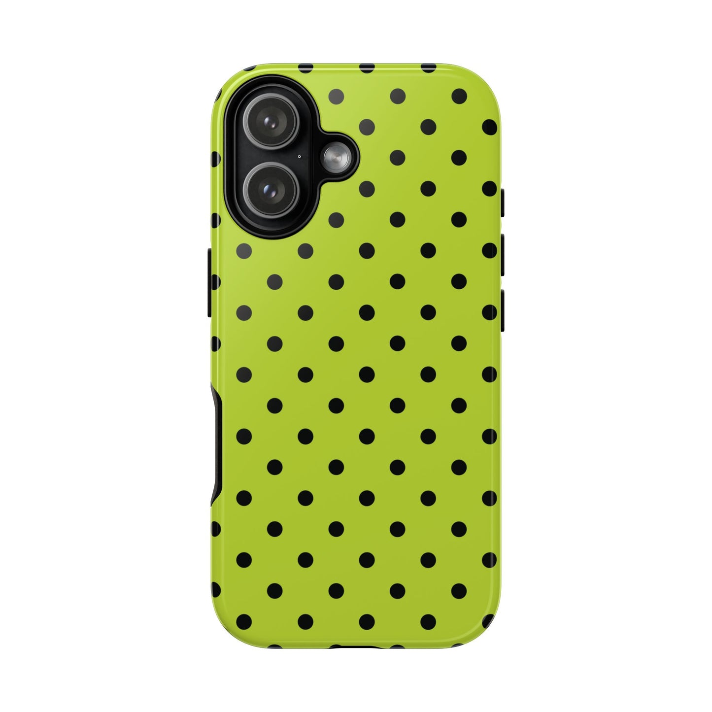 iPhone 17 / Glossy Phone Case - Trendy Neon Lime Green & Black Dot Pattern Phone Case
