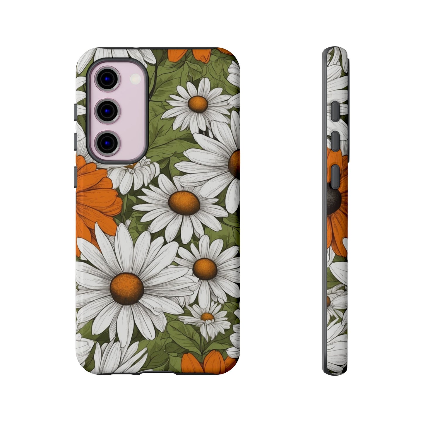 Samsung Galaxy S23 Plus / Glossy Phone Case - Boho Chic Daisies Floral Pattern ’White Orange & Green’ Phone Case