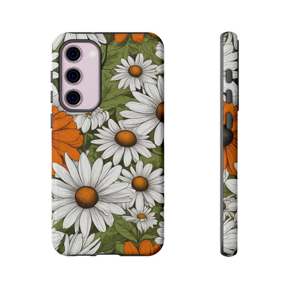 Samsung Galaxy S23 Plus / Glossy Phone Case - Boho Chic Daisies Floral Pattern ’White Orange & Green’ Phone Case