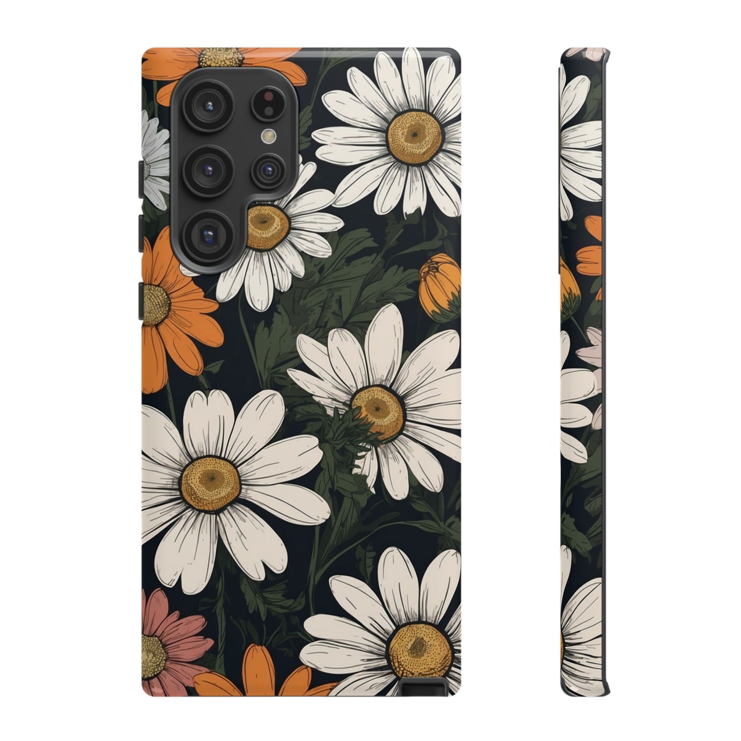 Samsung Galaxy S22 Ultra / Glossy Phone Case - Boho Chic Daisies Floral Pattern ’White Orange & Pink’ Phone Case