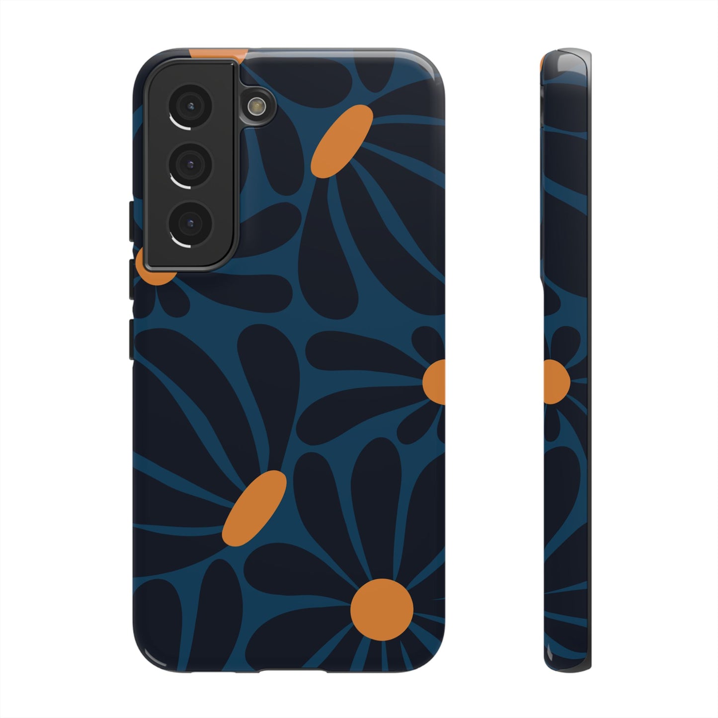 Samsung Galaxy S22 / Glossy Phone Case - ’Dark Blue & Orange Daisy Pattern’ Phone Case