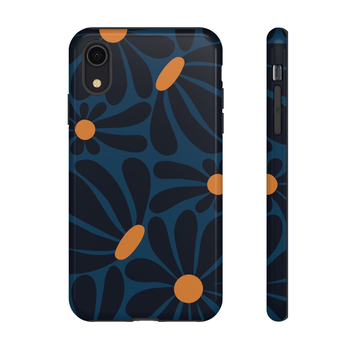 iPhone XR / Glossy Phone Case - ’Dark Blue & Orange Daisy Pattern’ Phone Case