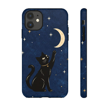 Whimsical Navy Blue Celestial Black Cat Phone Case