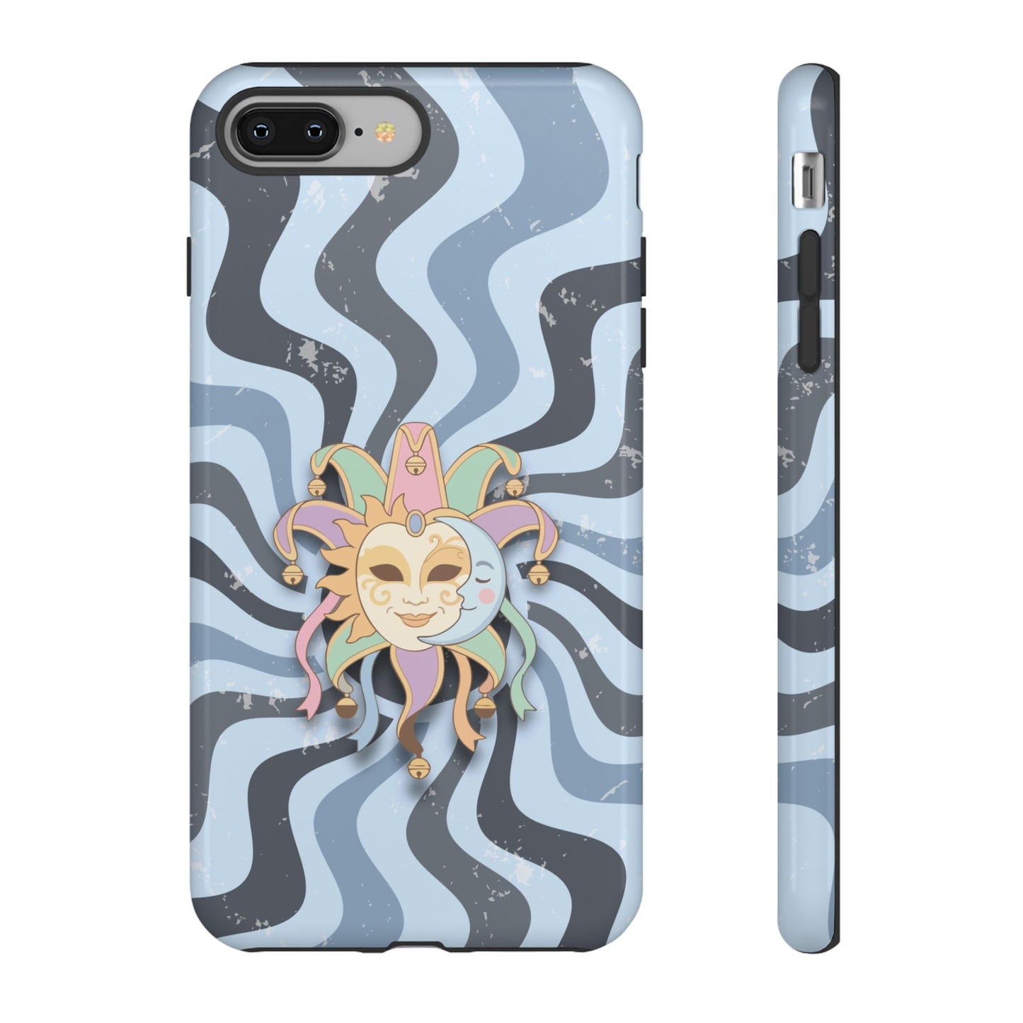 iPhone 8 Plus / Glossy Phone Case - Sun & Moon Jester Mask – Blue Retro Wave Phone Case