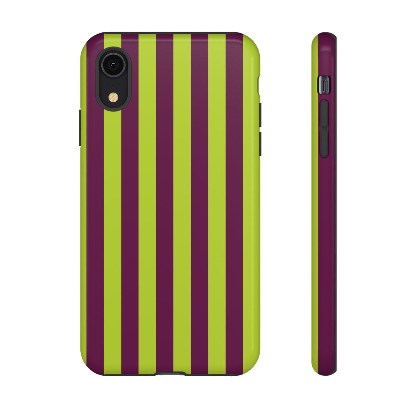 iPhone XR / Glossy Phone Case - Trendy Neon Lime Green & Plum Stripe Pattern Phone Case